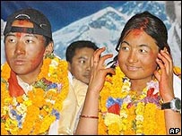Mountaineers Moni Mulepati, right, and Pem Dorjee Sherpa